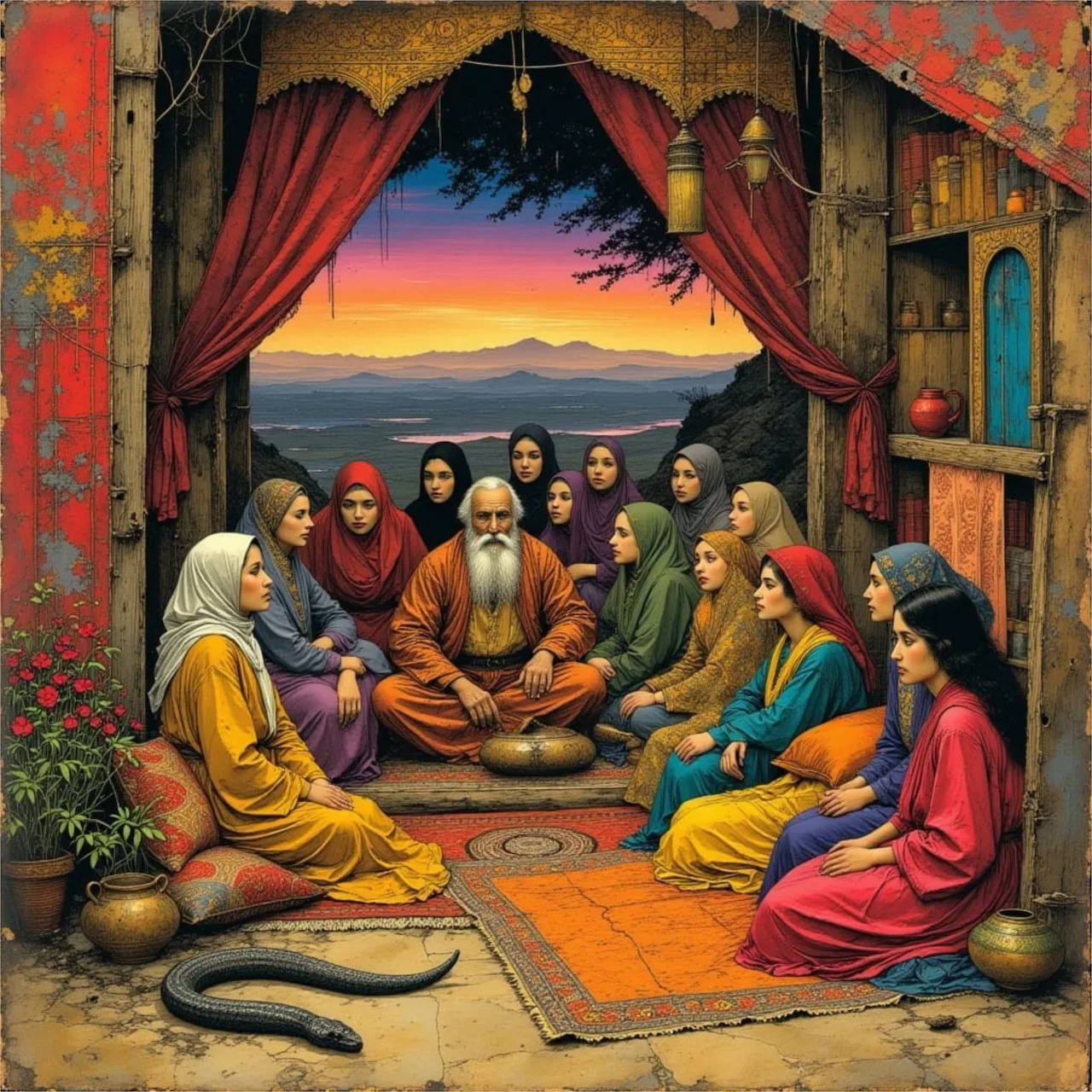 Painting of an elder teaching a group of women seated on rugs in a draped room at sunset