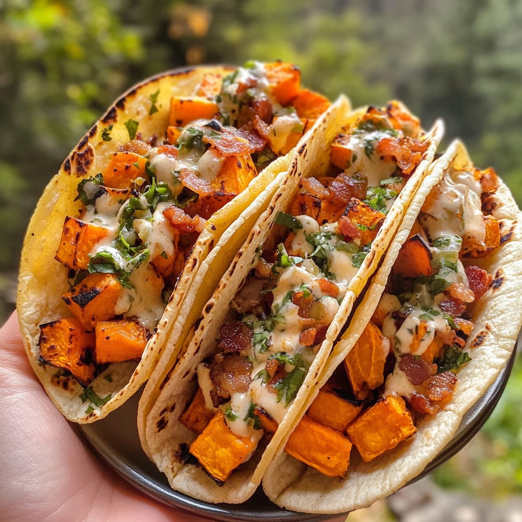 Hand holding a plate of three sweet potato tacos topped with bacon, cheese, and herbs in an outdoor setting