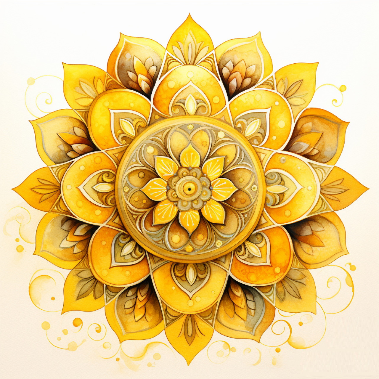 Golden yellow mandala with ornate layered petals in radial symmetry