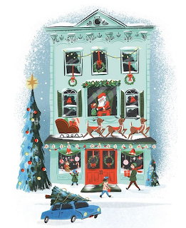 Illustrated Christmas building with Santa and reindeer on upper floor, decorated trees, and holiday shoppers below