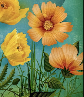 Painted yellow and orange cosmos flowers with green stems on turquoise background