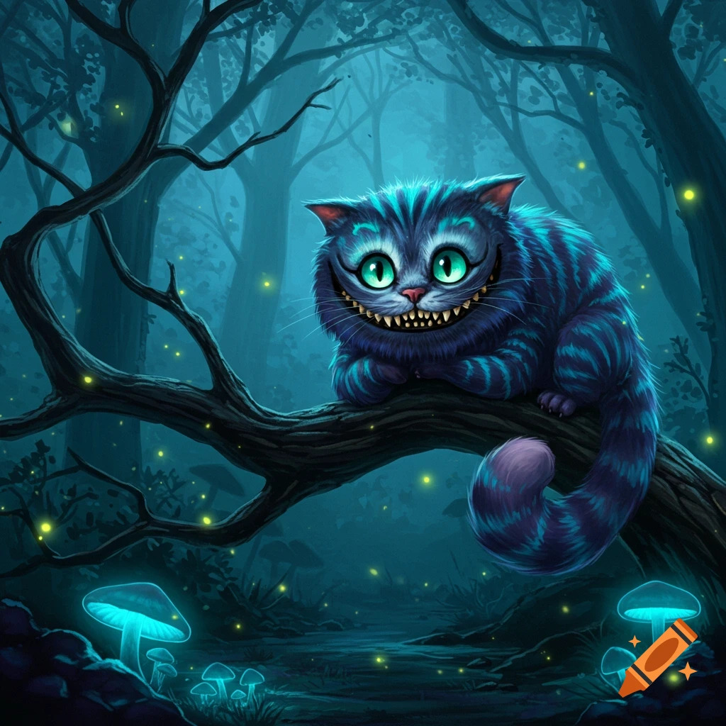 Blue striped cat perched on a tree branch in a glowing dark forest with mushrooms and fireflies
