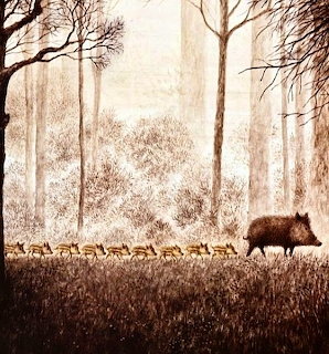Wild boar in foggy forest with deer and tall trees in sepia tones