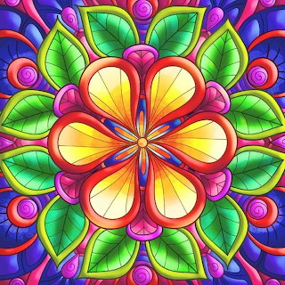 Colorful floral mandala with glowing petals, green leaves, and purple blue swirls