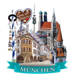Collage of Munich landmarks with Oktoberfest gingerbread heart and München banner