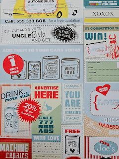 Collage of vintage advertisement labels and typography in red, blue, and beige colors