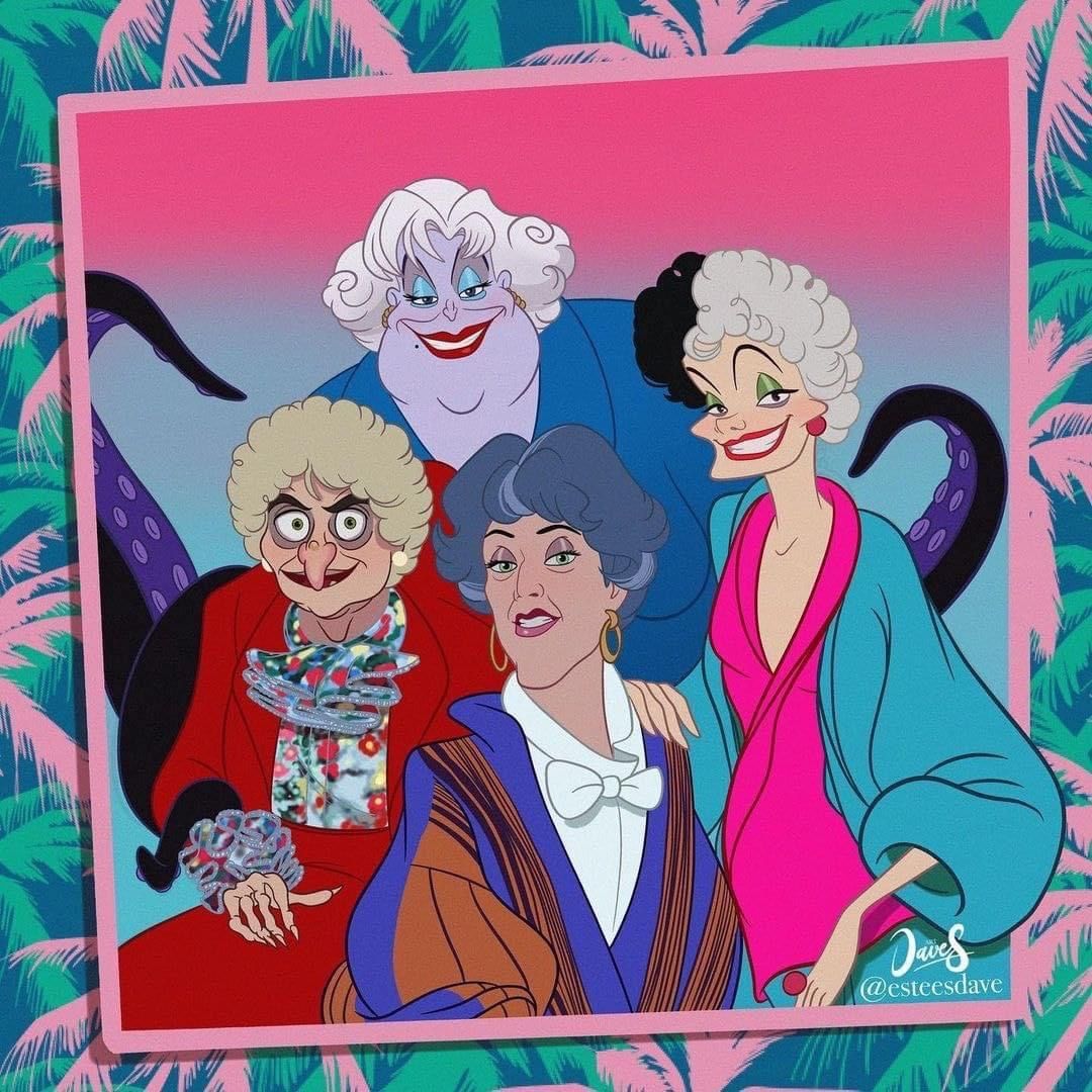 Disney villains dressed as Golden Girls characters posed together with palm tree background