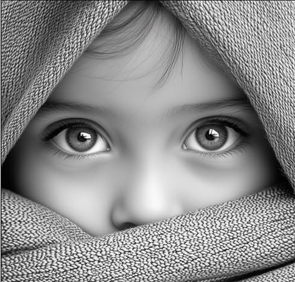 Black-and-white close-up drawing of a child peeking out from textured fabric