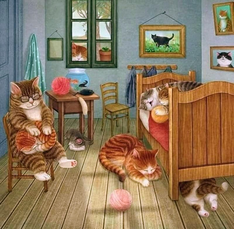 Illustrated cats lounging in a cozy cottage room with wooden furniture, yarn and framed paintings