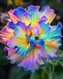 Close-up of a flower with rainbow-colored gradient petals in purple, blue, yellow, and pink hues