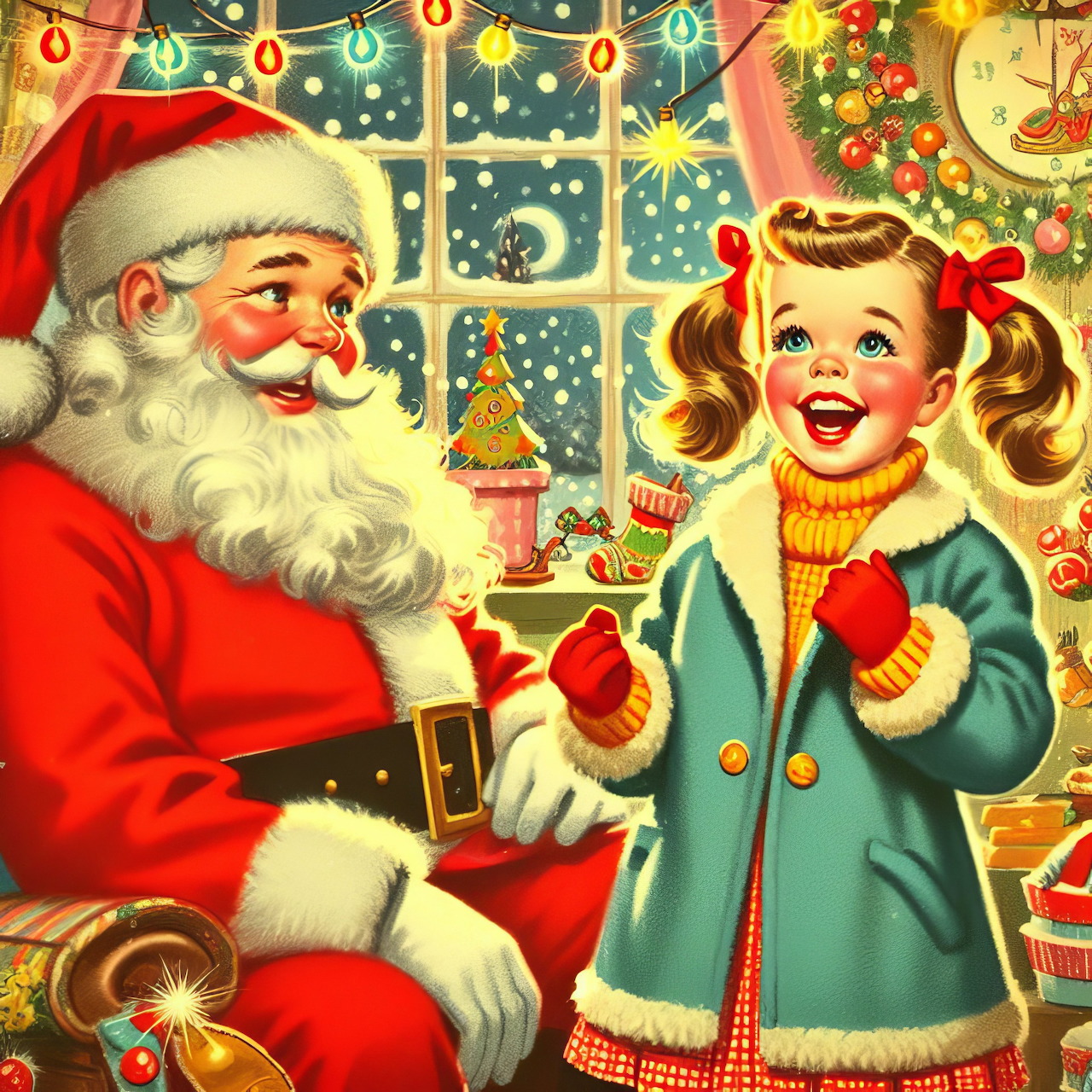 Vintage Christmas scene with Santa Claus and happy girl holding cocoa indoors