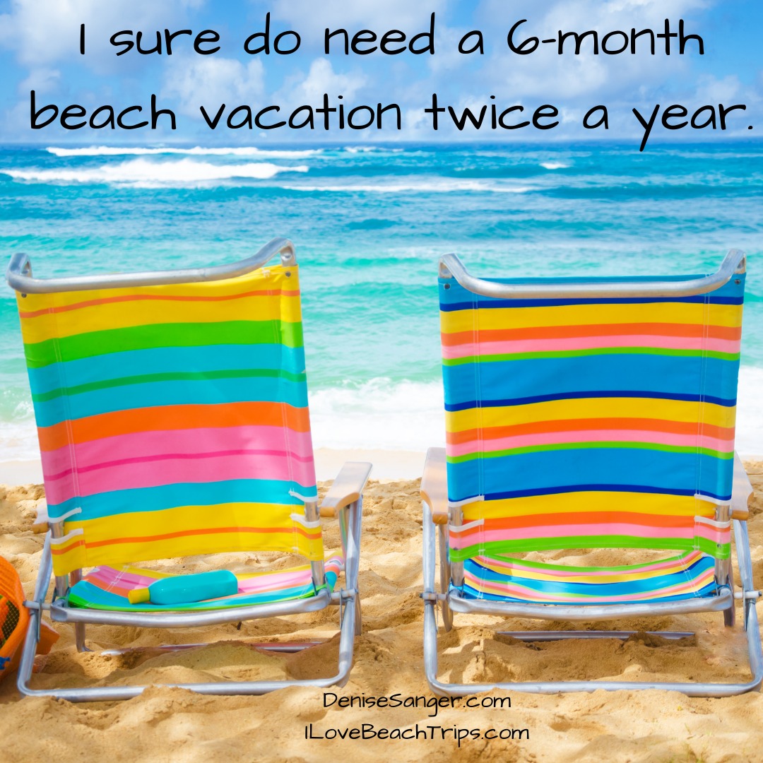 Two rainbow-striped beach chairs on sand facing turquoise ocean with text about beach vacation