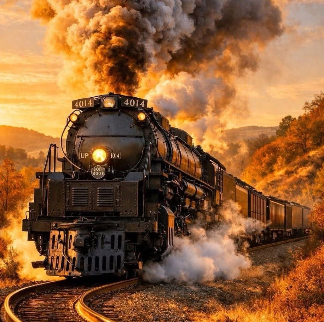 Big Boy 4014 steam locomotive pulling a train around a curved track with heavy smoke