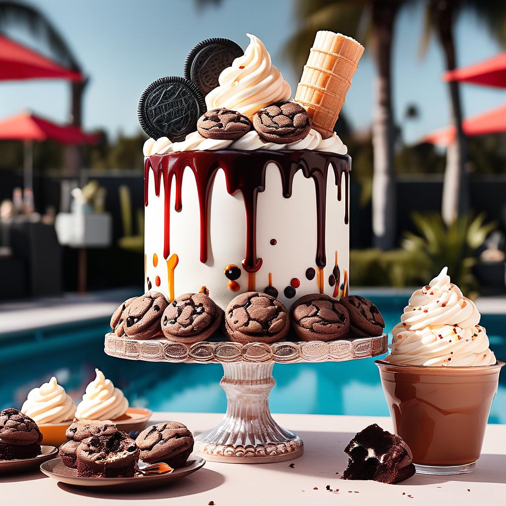 Tiered cookies and cream cake with chocolate drip and cookie decorations by a pool