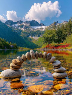 Arch of balanced stones over a clear lake with mountains and forest in the background