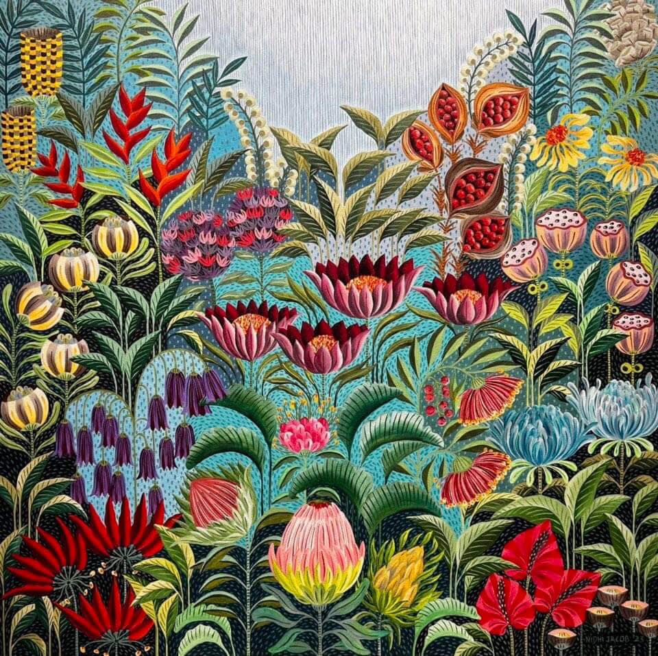 Colorful folk art painting of a dense tropical garden with varied exotic flowers and lush green foliage