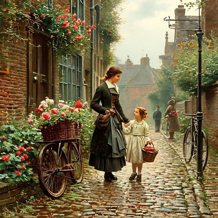 Woman in Victorian dress with child walking cobblestone street, flower cart and old buildings visible