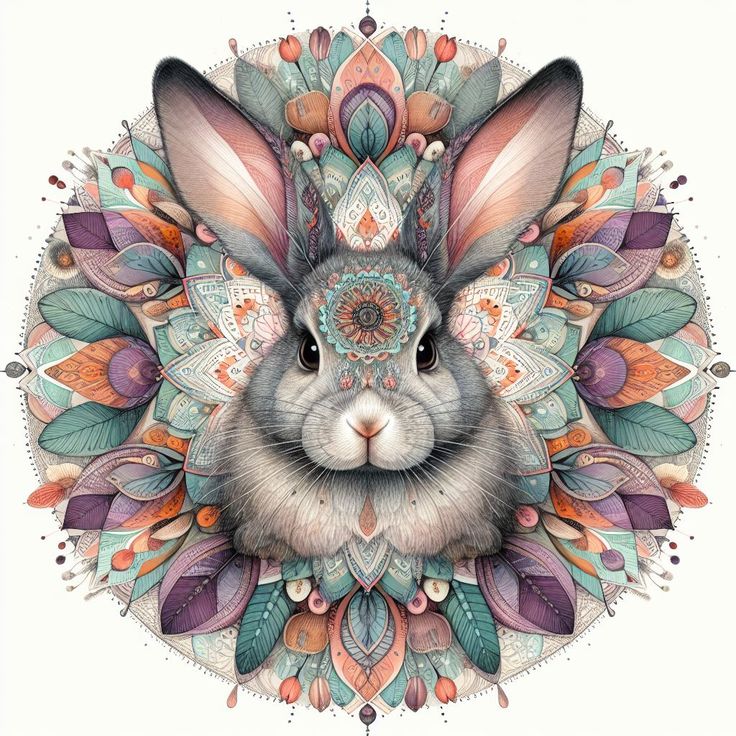 Gray rabbit portrait surrounded by colorful mandala with lotus petals and geometric patterns