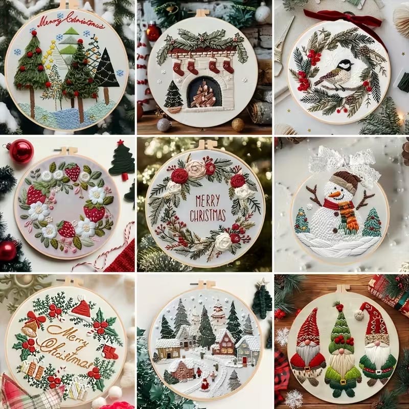 Grid of nine circular Christmas ornaments with snow globe designs including winter scenes, wreaths, and festive characters