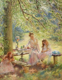 Impressionist painting of women having tea outdoors under a sunny tree
