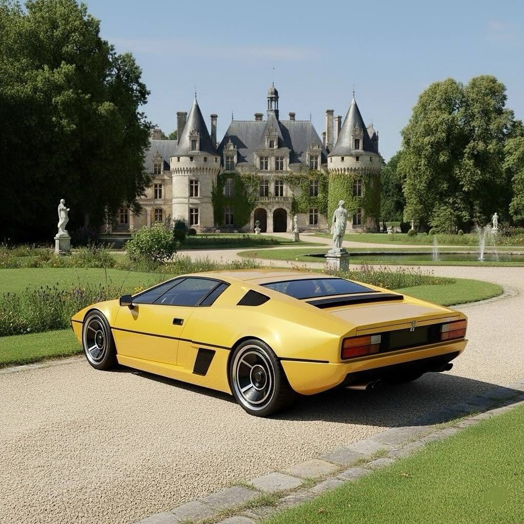 Yellow Matra Bagheera parked on a driveway before a large chateau and formal garden
