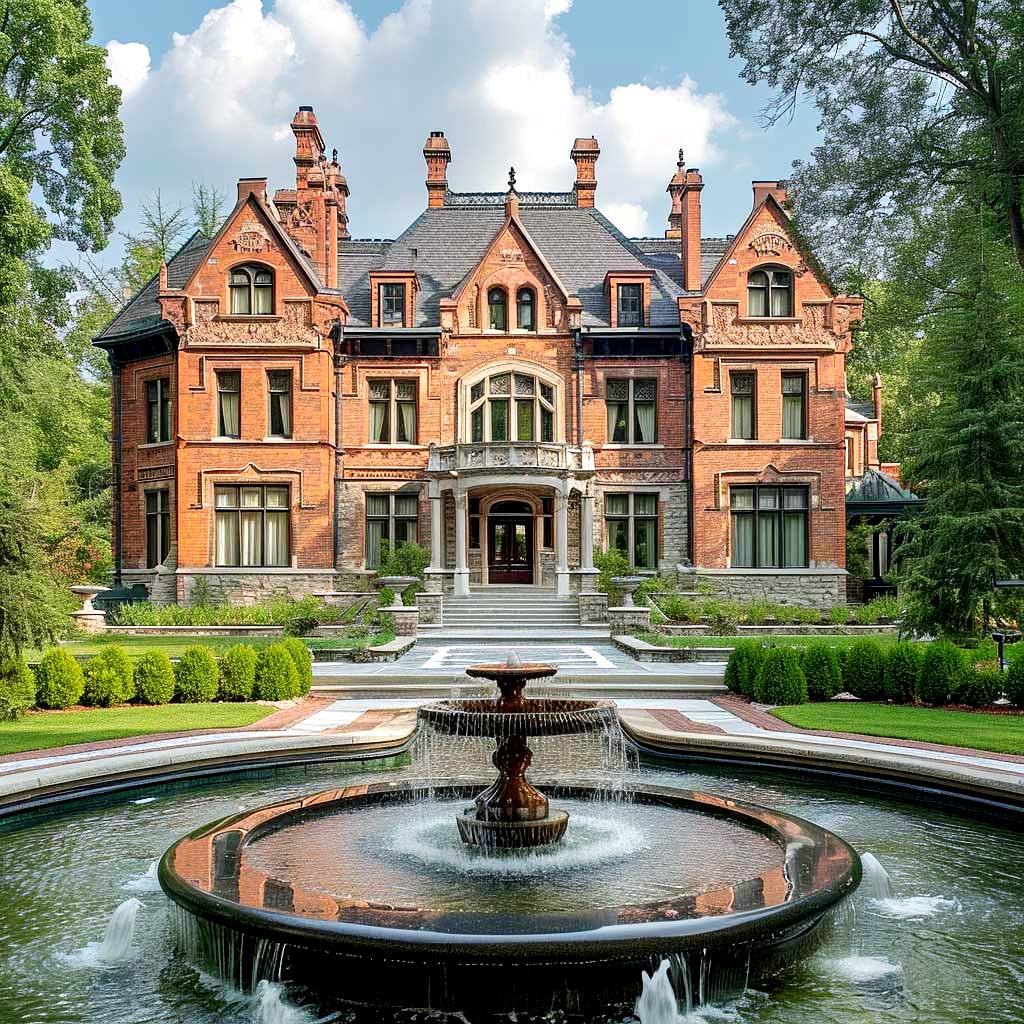 Large red brick Victorian mansion with ornate architecture, surrounded by manicured gardens and fountain