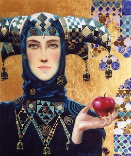 Painting of a woman in blue and gold ornate headdress holding a red apple against a golden background