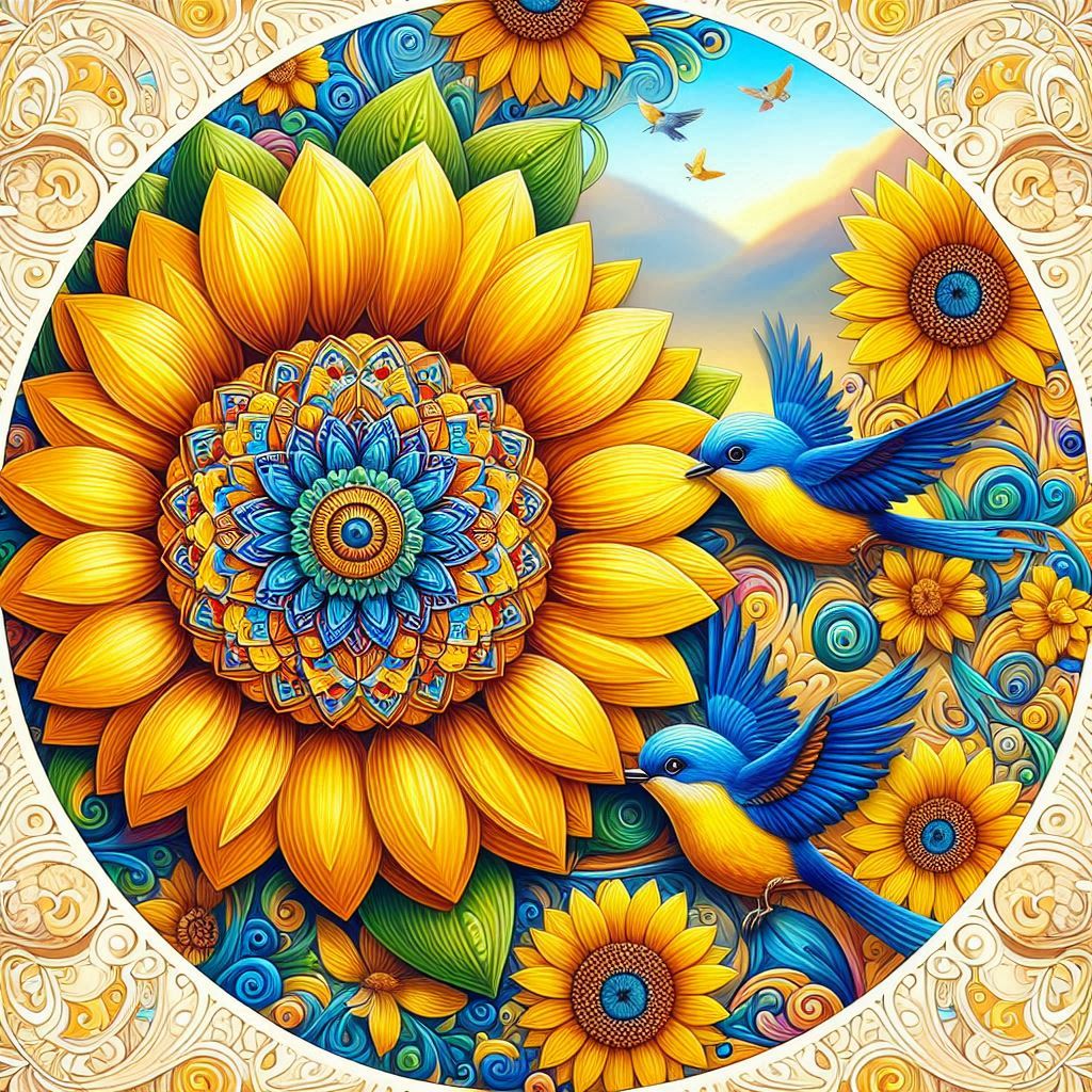 Vibrant mandala with yellow sunflowers, blue birds, and geometric patterns in a circular design