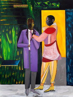 Contemporary painting of two figures, one in a purple suit and one in pink and red, with green and yellow backdrop.