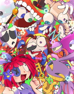 Vibrant cartoon group illustration of The Amazing Digital Circus characters in chaotic, colorful arrangement