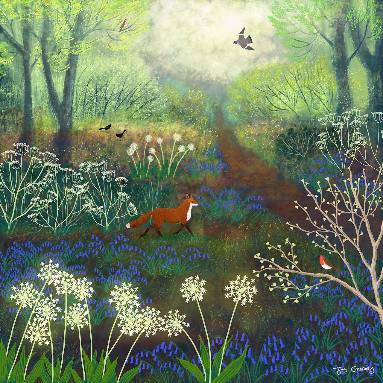 Folk art painting of spring meadow with rabbits, deer, wildflowers and trees