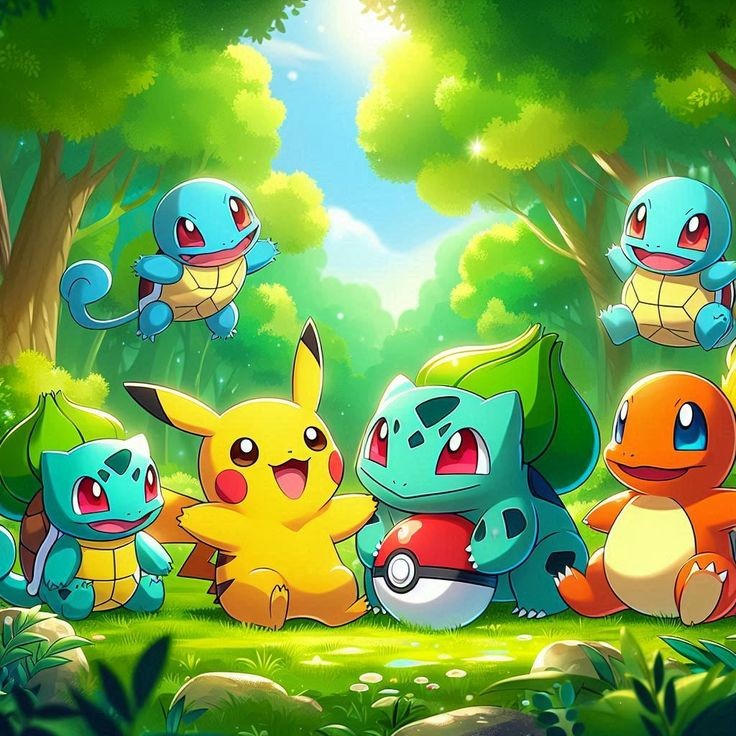 Pokemon characters Pikachu, Squirtle, Bulbasaur and Charmander in a bright forest scene with trees and sunlight