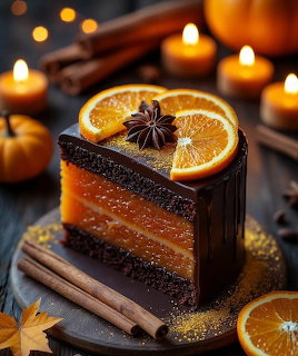 Layered cake slice with orange slices and star anise, surrounded by glowing candles and cinnamon sticks