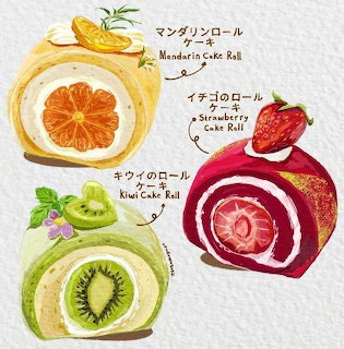 Illustration of mandarin, strawberry, and kiwi cake rolls with Japanese labels