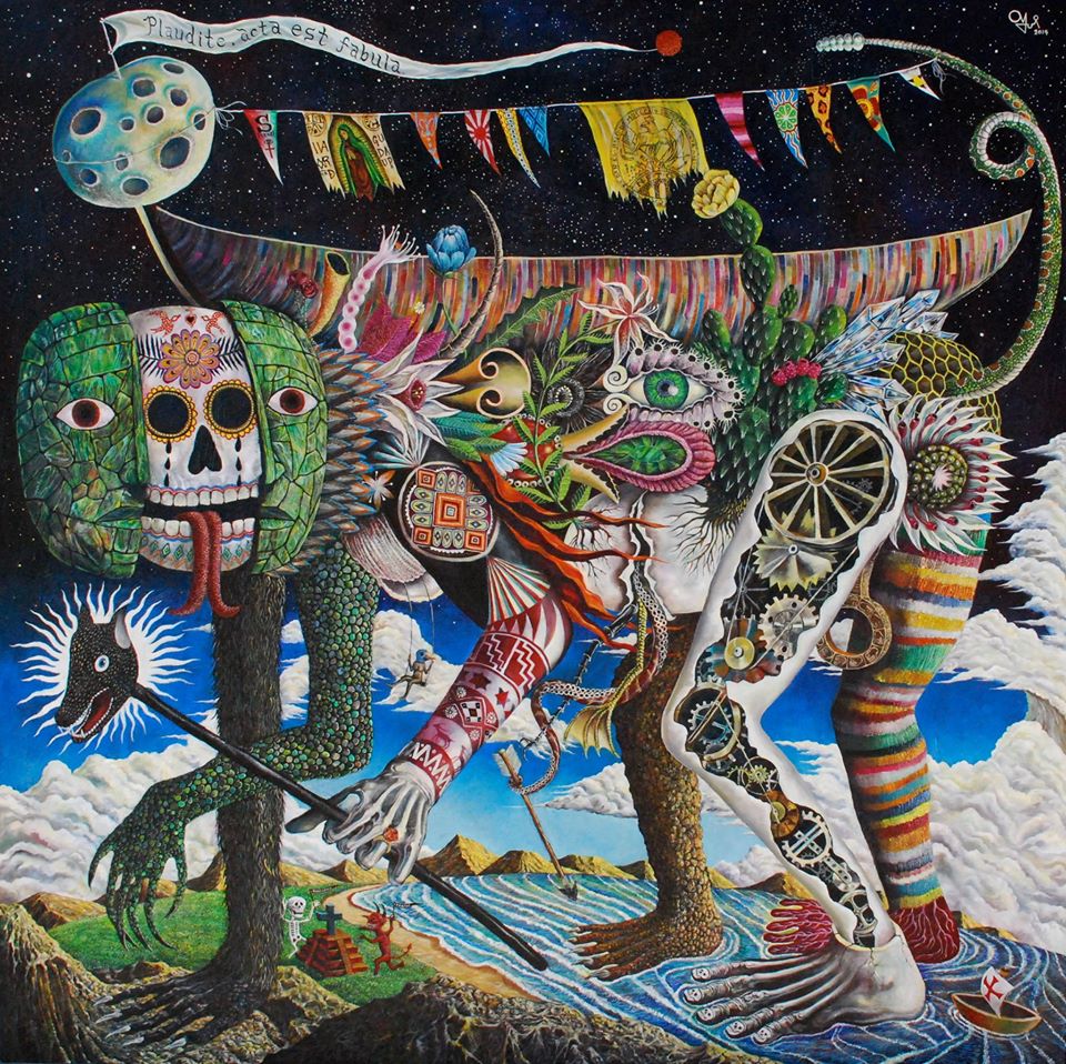 Surreal painting of a colorful skeletal creature beneath a starry sky with clouds and abstract details