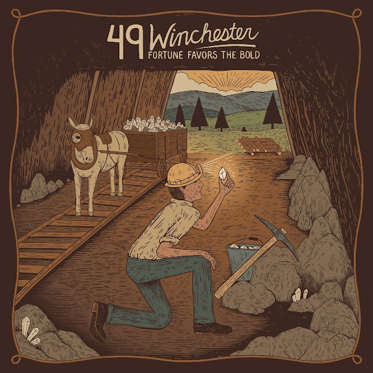 Illustrated album cover of a miner in a tunnel with train tracks, a horse, and a glowing light