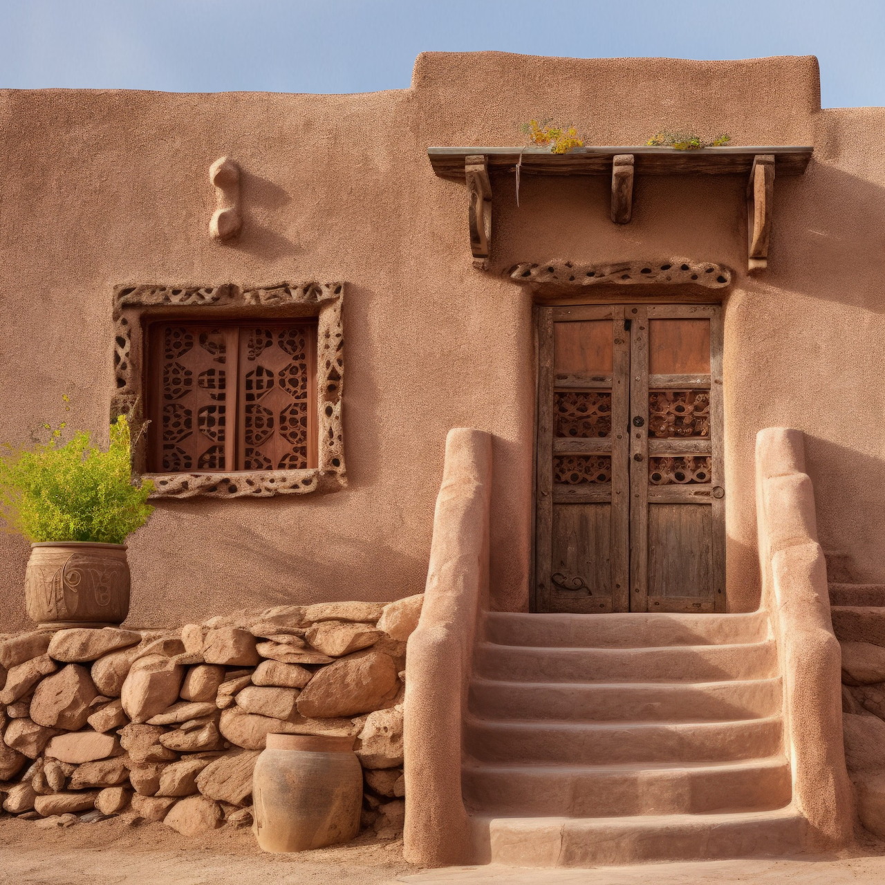 Traditional adobe house with carved wooden door, stone steps, and potted desert plants