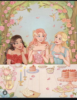 Three women at a flowery garden tea party with cakes and teacups