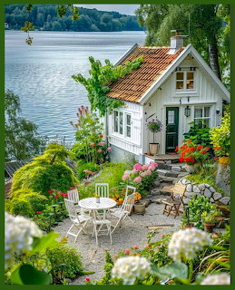 White cottage with patio furniture beside a lake, surrounded by gardens and trees
