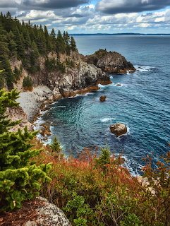 Rocky cliffs covered in evergreen trees overlooking turquoise ocean waters at Acadia National Park, Maine