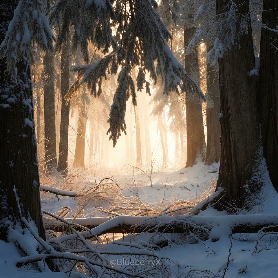 Sunlight shining through snow-covered evergreen trees in a winter forest