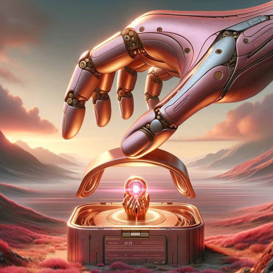 Robotic hand above a glowing artifact in an open case with a surreal sunset landscape behind