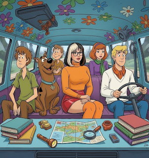 Scooby-Doo and the gang seated inside the Mystery Machine in a colorful cartoon scene