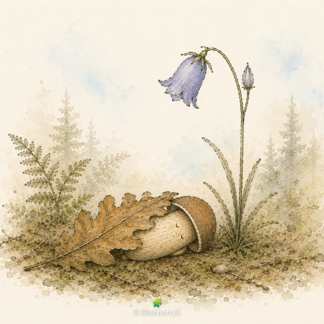 Watercolor of an acorn beside an oak leaf, fern, and bluebell on a woodland floor