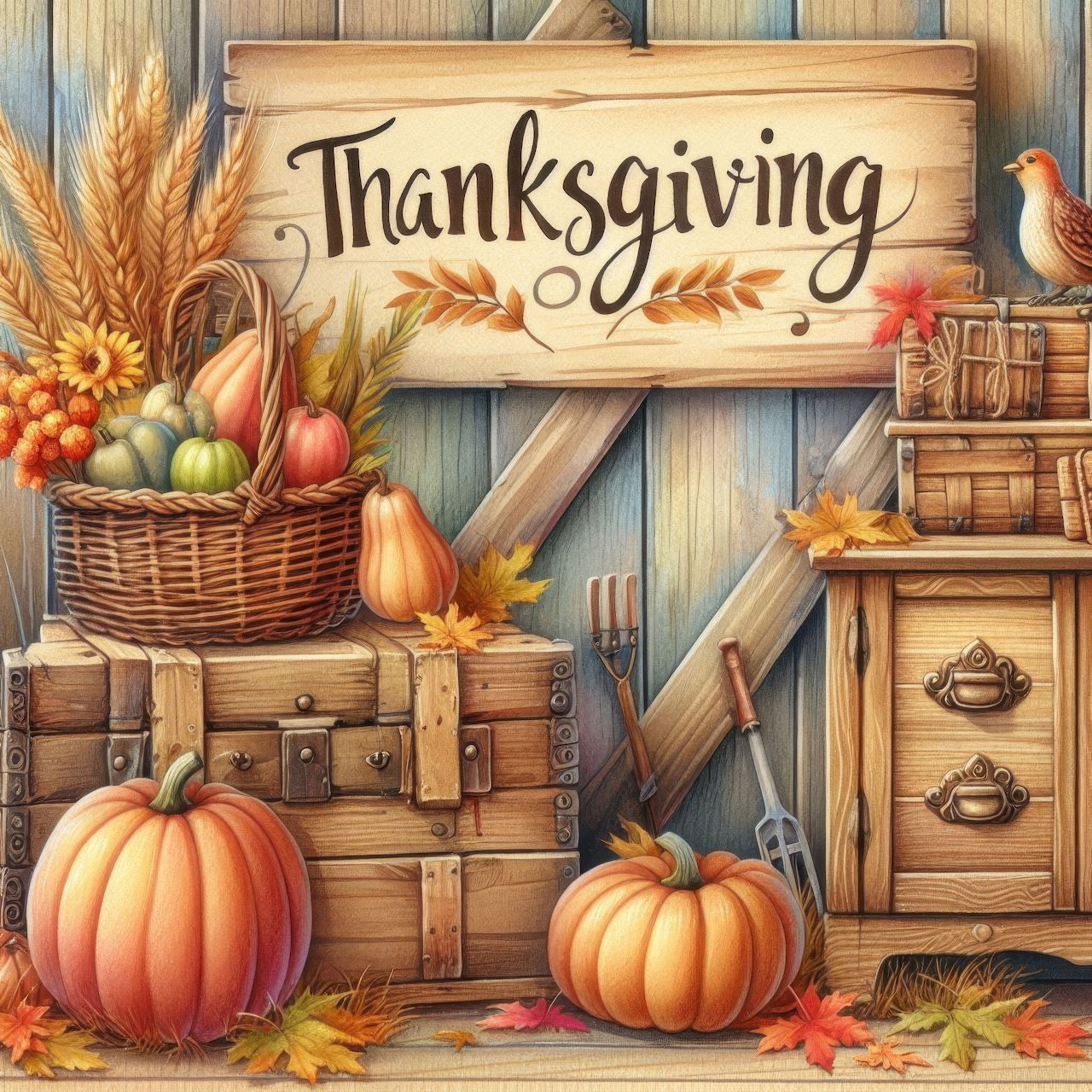 Thanksgiving harvest display with pumpkins, wheat, gourds, and autumn decorations around rustic wooden door