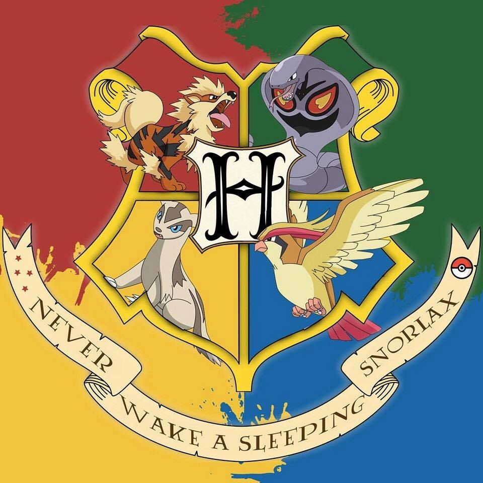Hogwarts School of Witchcraft and Wizardry heraldic crest with four house mascots on colored shield quarters