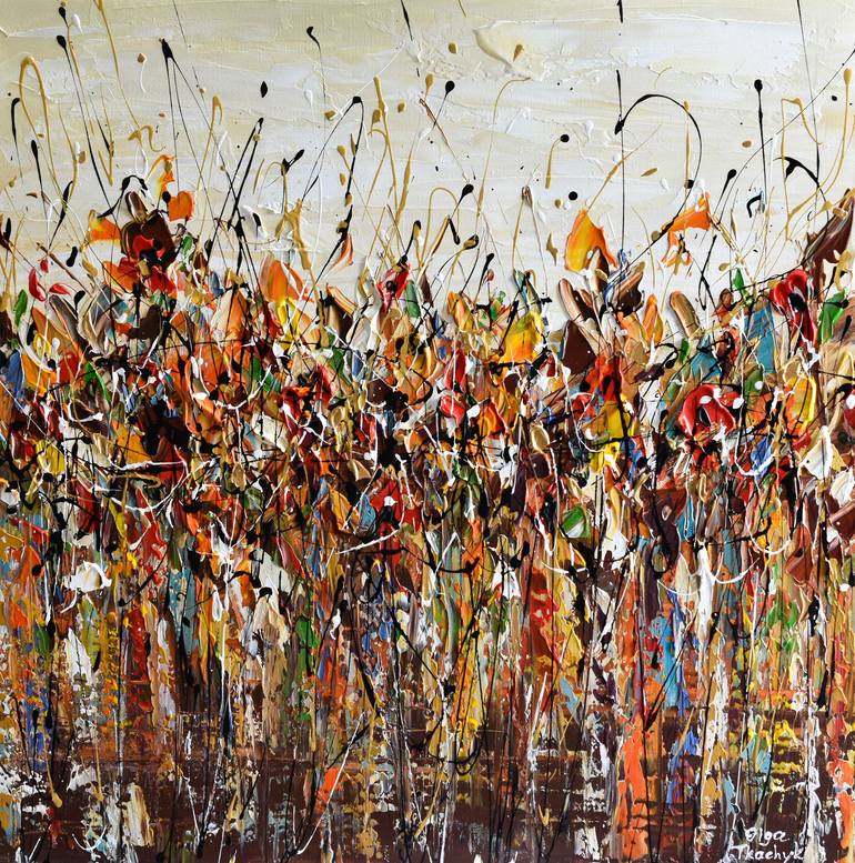 Abstract painting with colorful splatters and drips resembling wildflowers against a light background