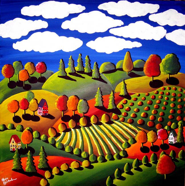 Folk art painting of colorful autumn hills with trees, farm fields, and white clouds against deep blue sky