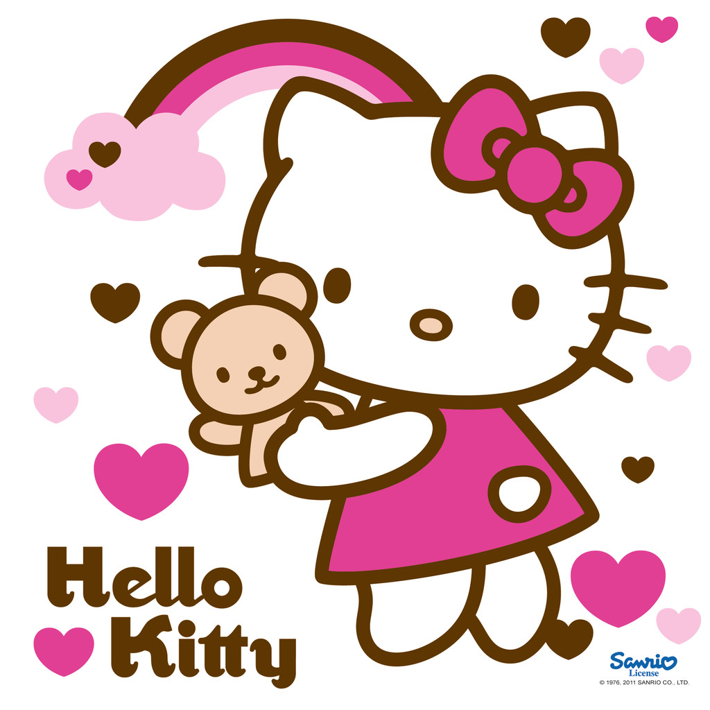 Hello Kitty wearing pink dress holding teddy bear with rainbow and hearts