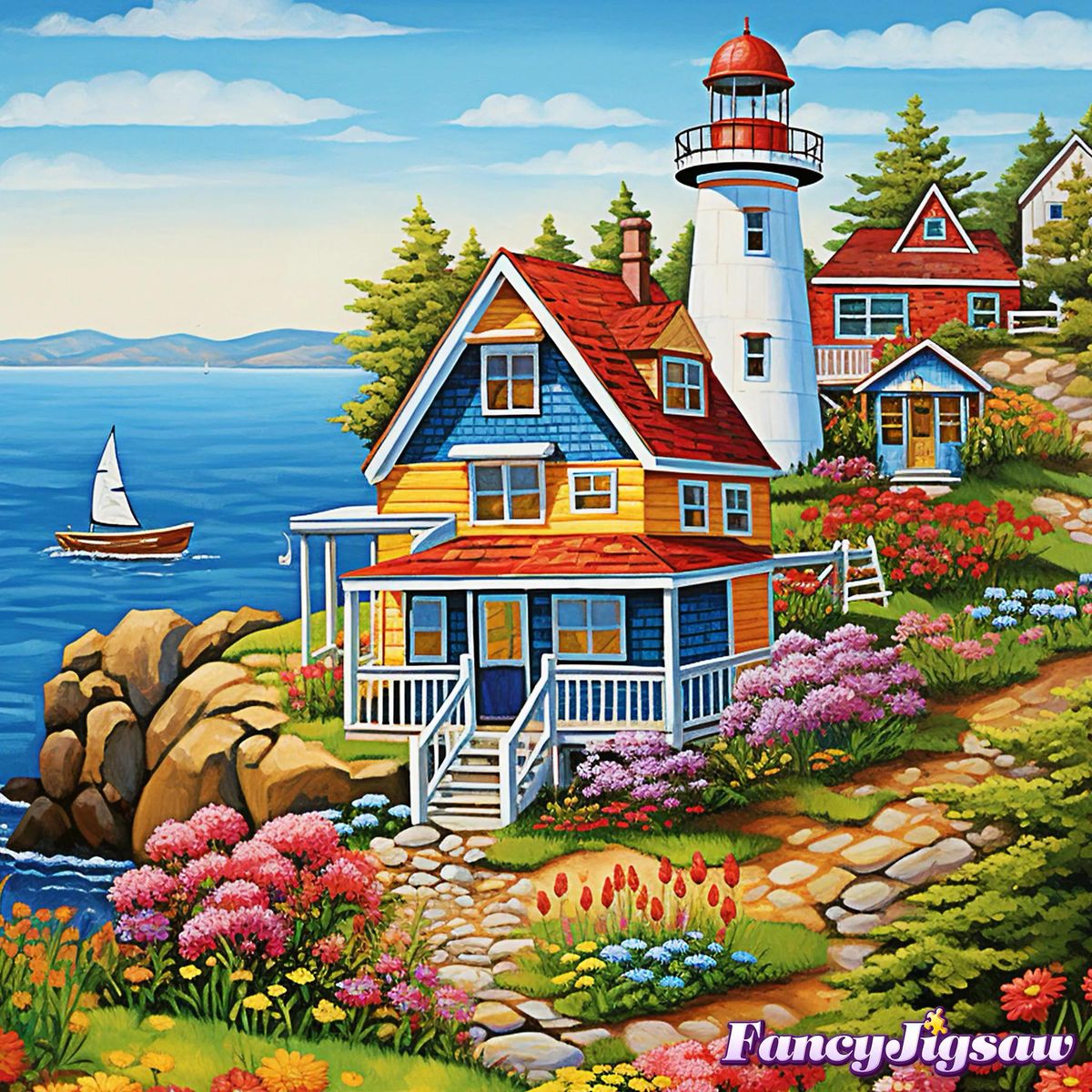Colorful seaside house and lighthouse beside blue water, flowers, rocks, and a small sailboat